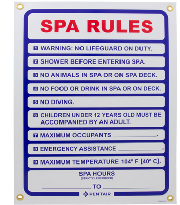 Spa Rules Sign 18x24 Pentair R230300