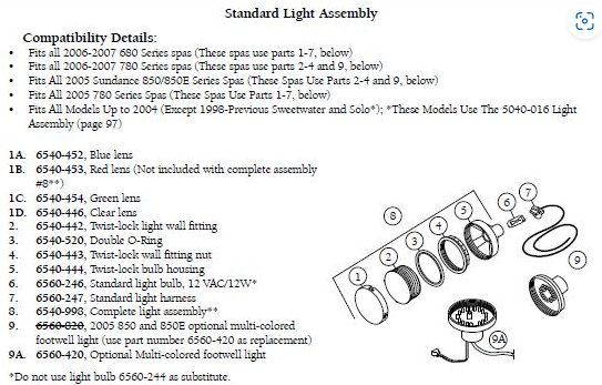 standard light assembly sundance spa