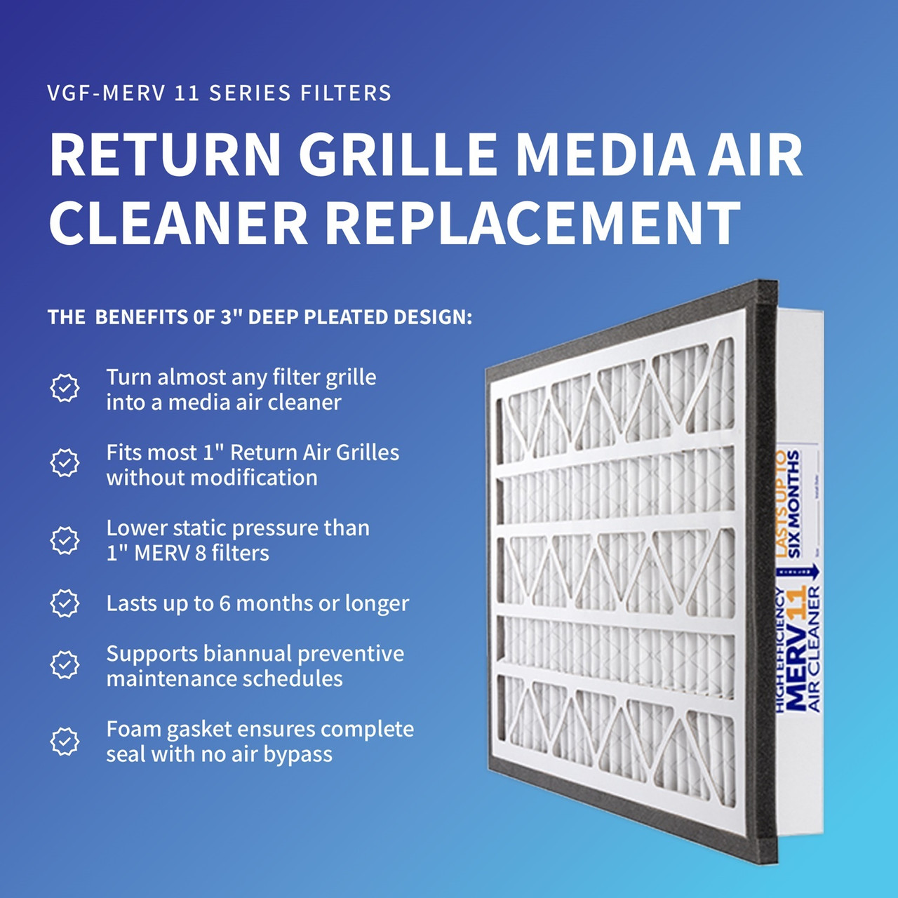 Zephyr 20x20x3 Merv 11 VGF Series 3 inch Deep 6-month HVAC Filters