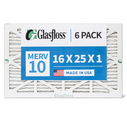 Glasfloss 16x25x1 MERV 10 (FPR 5-6) Pleated Air Filters By Glasfloss. Box of 6. Actual Size: 15-1/2 x 24-1/2 x 7/8