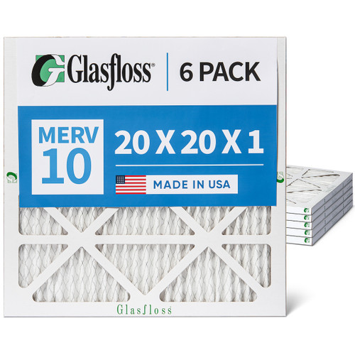 Glasfloss 20x20x1 MERV 10 (FPR 5-6) Pleated Air Filters. Box of 6. Actual Size: 19-1/2 x 19-1/2 x 7/8