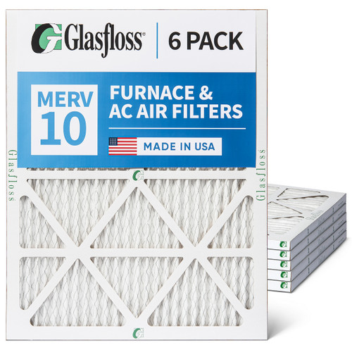 Glasfloss 20x22x1 MERV 10 (FPR 5-6) Pleated Air Filters Box of 6. Actual Size: 19-1/2 x 21-7/8 x 7/8