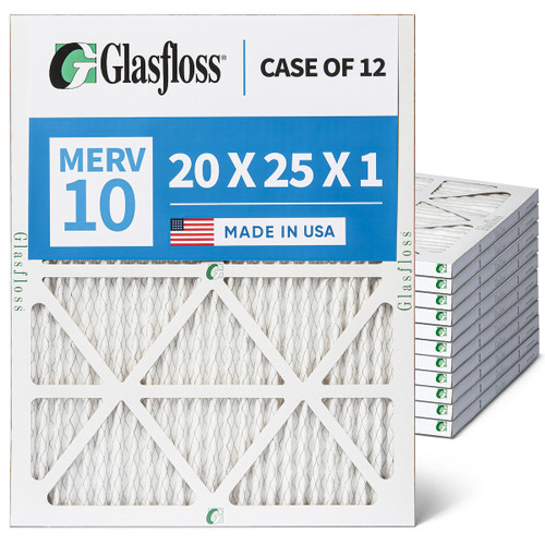 Glasfloss 20x25x1 MERV 10 AC & Furnace Air Filters. Case of 12. Actual Size: 19-1/2 x 24-1/2 x 7/8