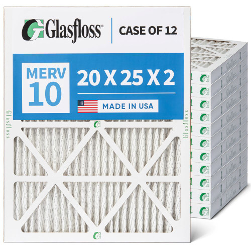 Glasfloss 20x25x2 MERV 10 (FPR 5-6) 2" Inch Furnace Air Filters. Case of 12. Actual Size: 19-1/2 x 24-1/2 x 1-3/4