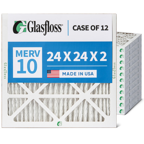 Glasfloss 24x24x2 MERV 10 (FPR 5-6) 2" Inch Pleated Air Filters. Case of 12. Actual Size: 23-3/8 x 23-3/8 x 1-3/4