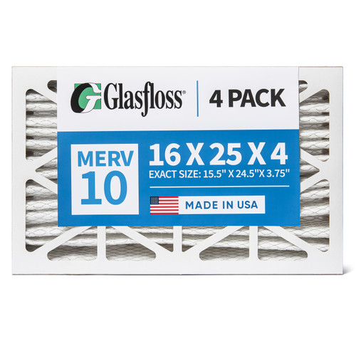 Glasfloss 16x24x4 MERV 10 Pleated 4" Inch AC Furnace Air Filters. Box of 4. Actual Size: 15-1/2 x 23-1/2 x 3-3/4