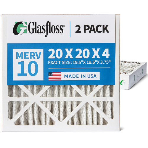 Glasfloss 20x20x4 MERV 10 Pleated 4" Inch AC Furnace Air Filters. Quantity 2. Actual Size: 19-1/2 x 19-1/2 x 3-3/4