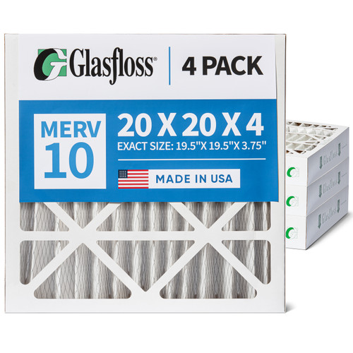 Glasfloss 20x20x4 MERV 10 AC & Furnace 4" Depth Air Filters. Box of 4. Actual Size: 19-1/2 x 19-1/2 x 3-3/4
