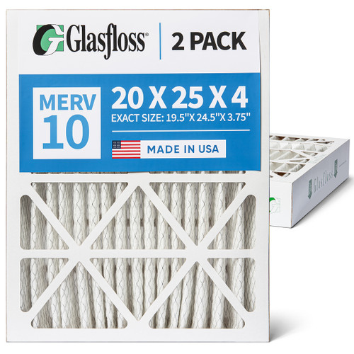 Glasfloss 20x25x4 MERV 10 Pleated 4 inches AC Furnace Air Filters. Quantity 2. Actual Size: 19-1/2 x 24-1/2 x 3-3/4