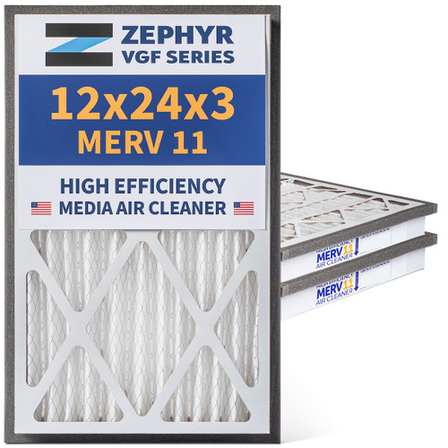 Zephyr 12x24x3 VGF Merv 11 Media HVAC Air Cleaner Replacement Filter for Return Air Grilles.  Case of 3