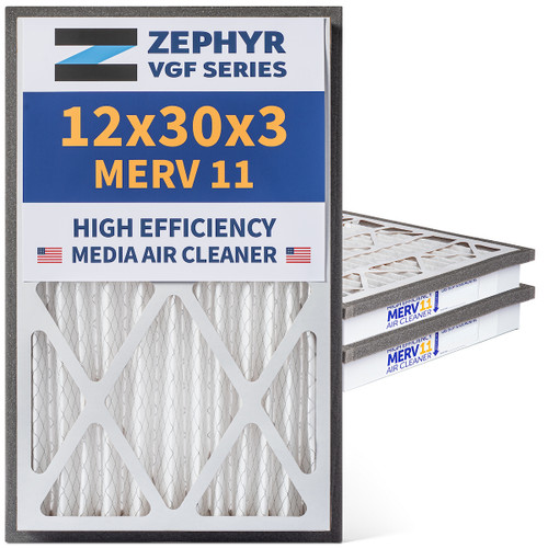 Zephyr 12x30x3 VGF Merv 11 Media HVAC Air Cleaner Replacement Filter for Return Air Grilles.  Case of 3