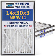 Zephyr 14x30x3 VGF Merv 11 Media HVAC Air Cleaner Replacement Filter for Return Air Grilles.  Case of 3