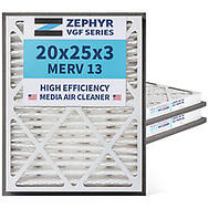 Zephyr 20x25x3 VGF Merv 13 Media HVAC Air Cleaner Replacement Filter for Return Air Grilles.  Case of 3