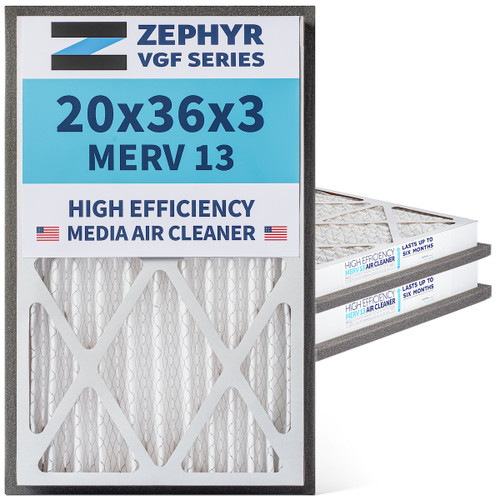 Zephyr 20x36x3 VGF Merv 13 Media HVAC Air Cleaner Replacement Filter for Return Air Grilles.  Case of 3