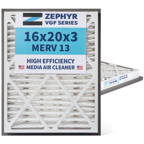 Zephyr 16x20x3 VGF Merv 13 Pleated Air Cleaner Filters for Whole Home Return Air Grilles. Box of 2