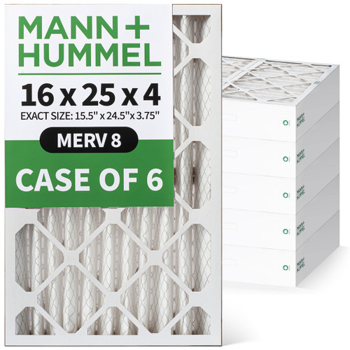 16x25x4 MERV 8 Pleated HVAC AC Furnace Air Filters by Mann+Hummel. Case of 6. (Exact Size: 15.5 x 24.5 x 3.75 Inches)