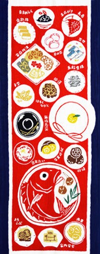 Rienzome Tenugui Cloth with New Year's Osechi (392)