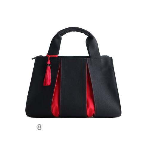 KOSHO ougi Canvas Hand Bag FS with leather tassel, Black/ Red