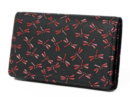 Indenya Business Card Holder 2501 with Dragonfly Pattern, Red on Black