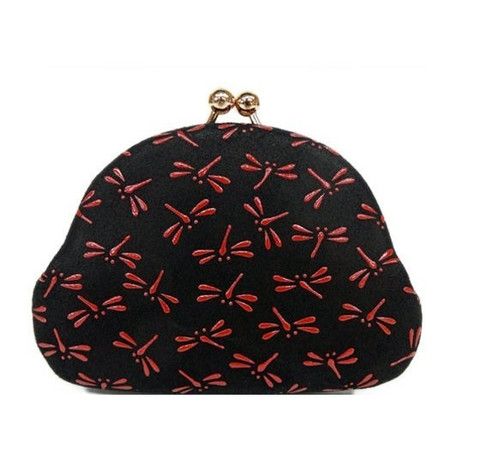INDENYA Kiss Lock Change Purse 1104 with a Dragonfly Pattern, Red on Black