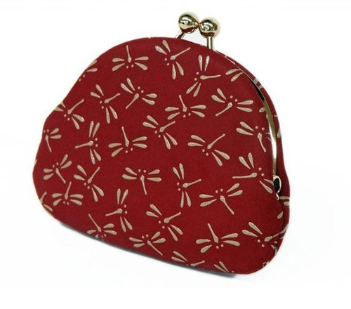 INDENYA Kiss Lock Change Purse 1104 with a Dragonfly Pattern, White on Red
