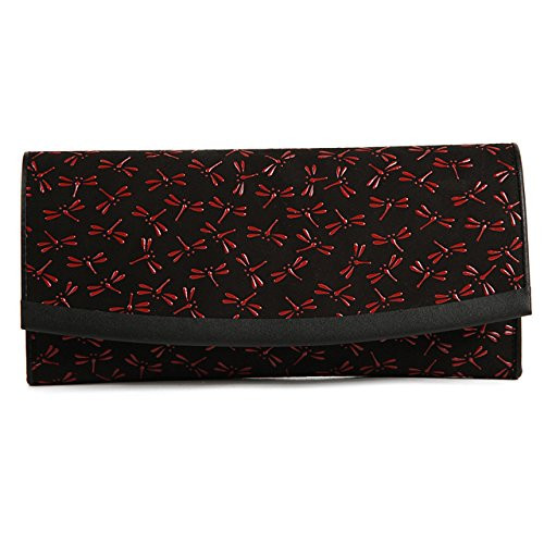 INDENYA Women's Flat Evening Purse 2311 with Dragonfly pattern, Red on Black