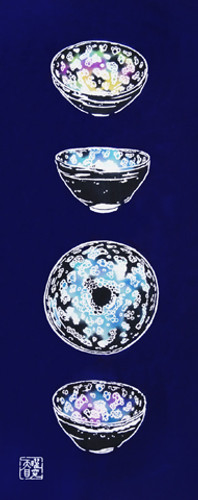 Rienzome Tenugui Cloth with Tenmoku Tea Bowls (394) Dark Blue (last stock)