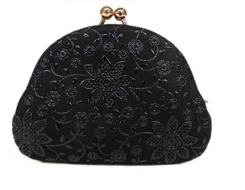 INDENYA Kiss Lock Coin Purse 1104 with a Clematis Pattern, Black on Black