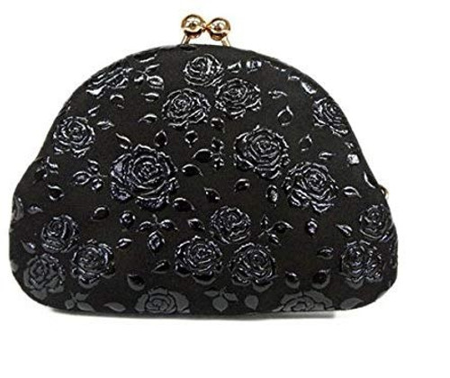 INDENYA Kiss Lock Coin Purse 1104 with a Rose Pattern, Black on Black