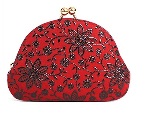 INDENYA Kiss Lock Coin Purse 1104 with a Clematis Pattern, Black on Red