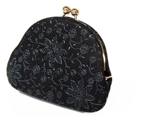 INDENYA Kiss Lock Coin Purse 1104 with a Clematis Pattern, Black on Purple