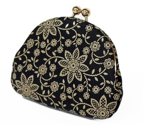 INDENYA Kiss Lock Coin Purse 1104 with a Clematis Pattern, White on Black