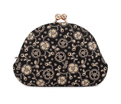 INDENYA Kiss Lock Coin Purse 1104 with a Camellia Pattern, White on Black