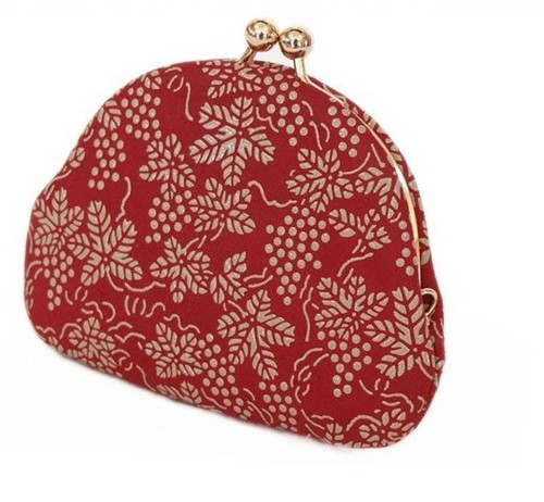 INDENYA Kiss Lock Coin Purse 1104 with a Grape Pattern, White on Red