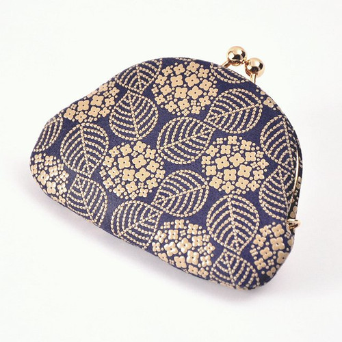INDENYA Kiss Lock Coin Purse 1104 with a Hortensia Pattern, White on Blue