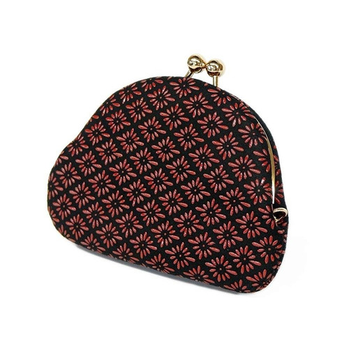 INDENYA Kiss Lock Coin Purse 1104 with a Chrysanthemum Grid Pattern, Red on Black