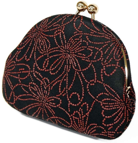 INDENYA Kiss Lock Coin Purse 1104 with a Chrysanthemum Lines Pattern, Red on Black