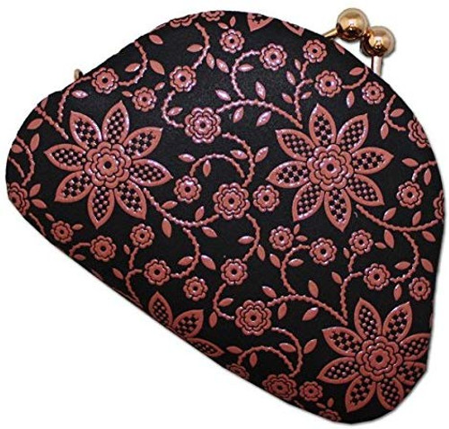 INDENYA Kiss Lock Coin Purse 1104 with a Clematis Pattern, Pink on Black