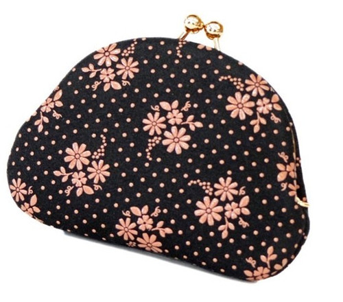 INDENYA Kiss Lock Coin Purse 1104 with a Cosmos Pattern, Pink on Black