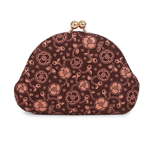 INDENYA Kiss Lock Coin Purse 1104 with a Camellia Pattern, Pink on Purple