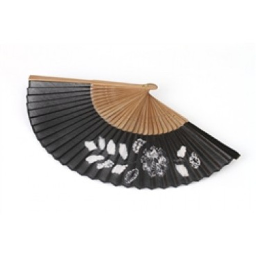 Foldable Hand Fan Made of Arimatsu Tie Dyeing Fabric with Flowers White on Black