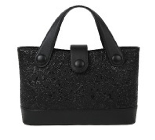 INDENYA Large Button Handbag 6304 with Flower Arabesque, Black on Black