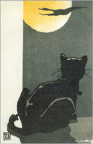 BENRIDO COLLOTYPE Postcard, "Black cat and the moon"