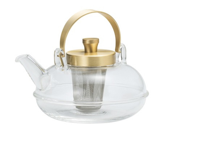 Glass Pitcher for Tea, Sake and Dashi, "CHIRORI" Round, Gold Lid