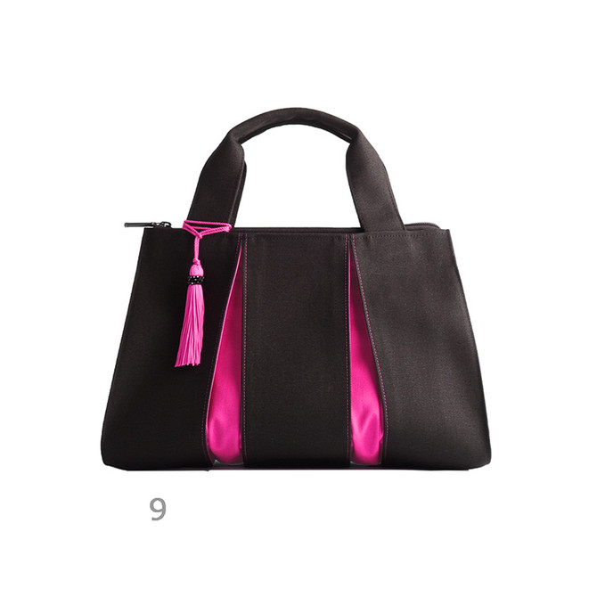 KOSHO ougi Canvas Hand Bag FS with leather tassel, Black/ Shocking Pink