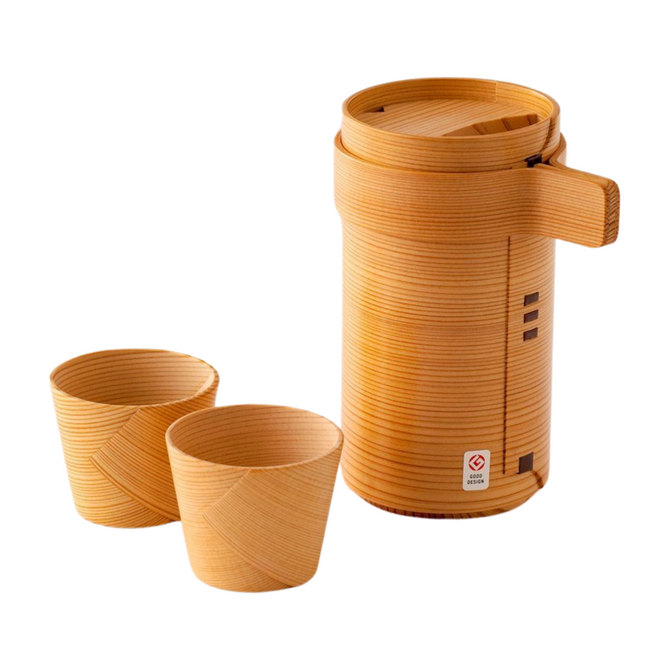 Kurikyu Odate Bentwood Award Winning Sake Cup Set, container + 2 cups