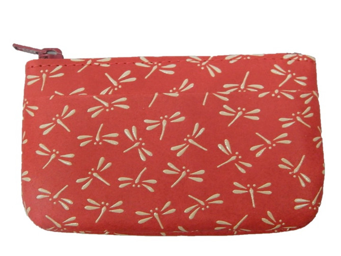 INDENYA Change Purse 1002 with Dragonfly Patterns, White on Red