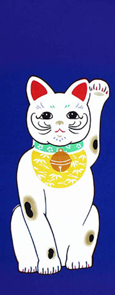 Tenugui with Winking Maneki Neko Cat Blue (361)