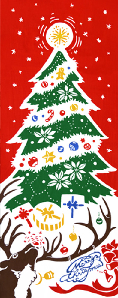 Rienzome Tenugui Cloth with Colorful Rudolf & Christmas Tree Pattern (282)