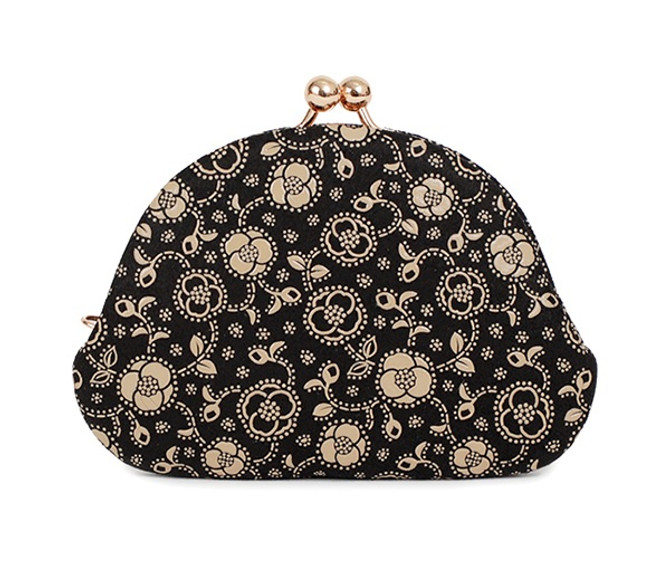 INDENYA Kiss Lock Coin Purse 1104 with a Camellia Pattern, White on Black